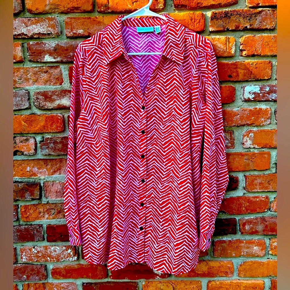 Susan Graver Red and White Casual Button Down Shirt 2XP